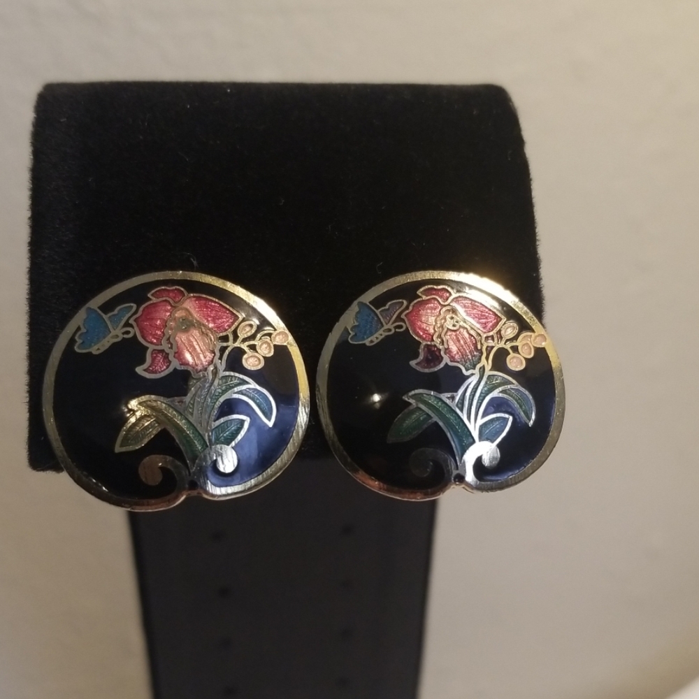 Vintage Cloisonne Enamel Clip On Earings